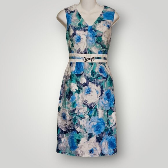 Alex Marie Petite 4P Blue & White Floral Sleeveless Knee-Length Dress $129.00. - Picture 3 of 14